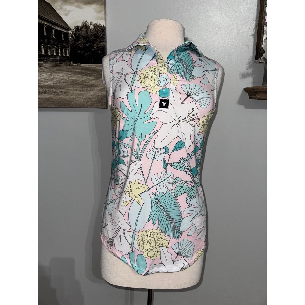 Bad Birdie Women's "The Gardens" sleeveless golf polo top size medium